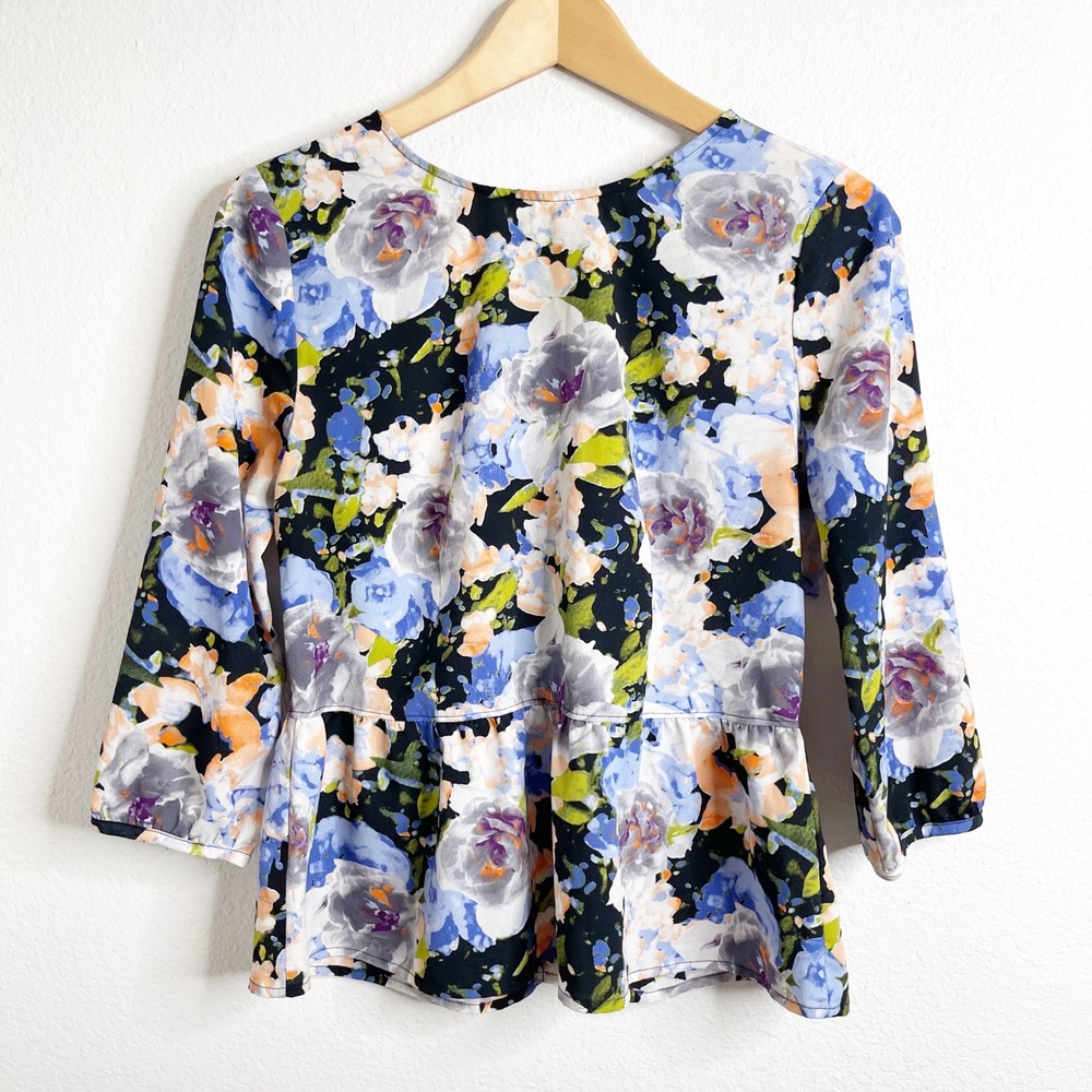 Chloe K Womens Floral Peplum Top‎ Blue Orange Black 3/4 Sleeve Back Zip Size M